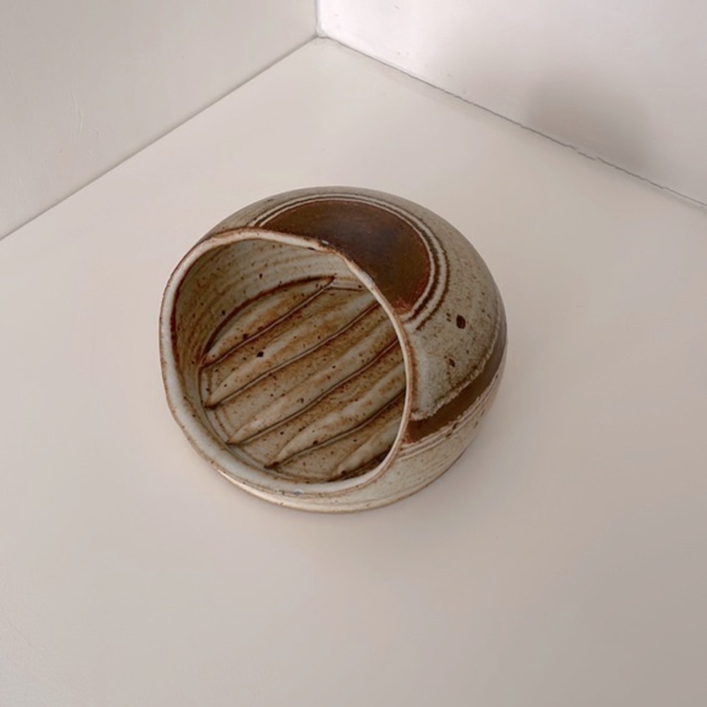 Handmade pottery, sponge holder in brown tones, stamped RC, measures 5.5”x3.25”